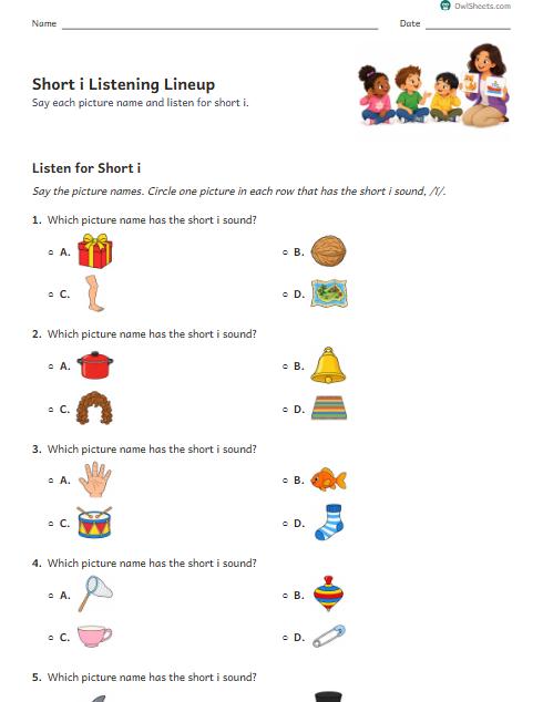 Short i Listening Lineup worksheet preview