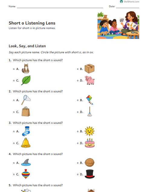 Short o Listening Lens worksheet preview