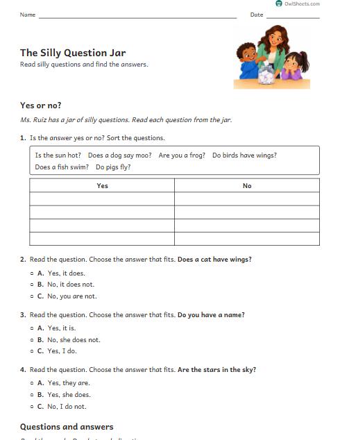 The Silly Question Jar worksheet preview