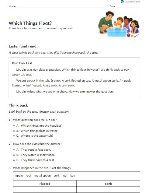 Which Things Float? worksheet preview