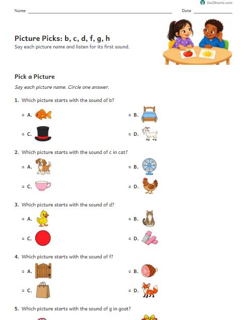 Picture Picks: b, c, d, f, g, h worksheet preview