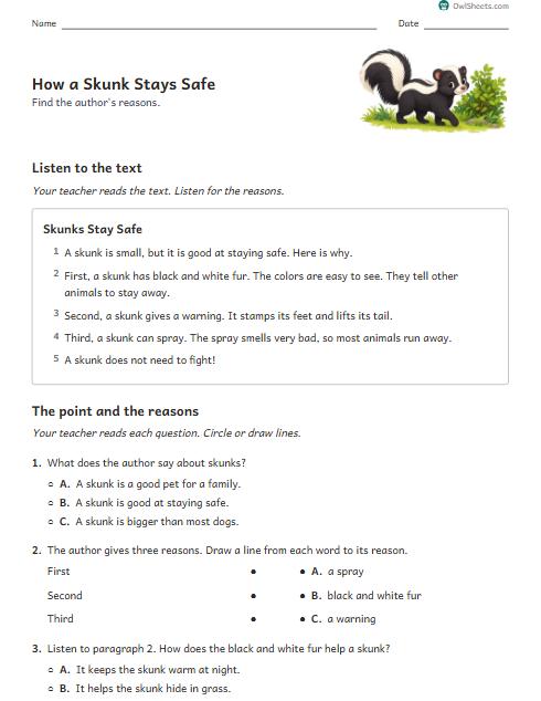 How a Skunk Stays Safe worksheet preview