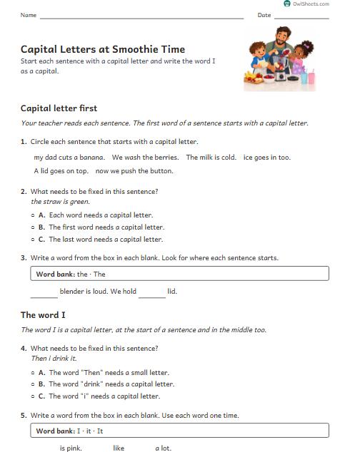 Capital Letters at Smoothie Time worksheet preview