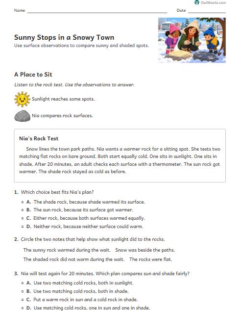Sunny Stops in a Snowy Town worksheet preview