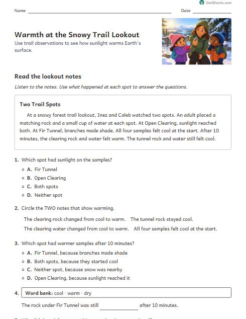 Warmth at the Snowy Trail Lookout worksheet preview