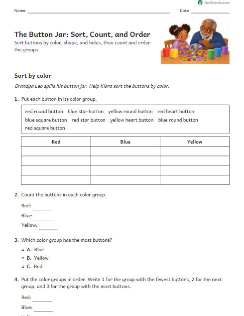 The Button Jar: Sort, Count, and Order worksheet preview