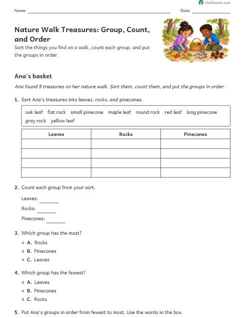 Nature Walk Treasures: Group, Count, and Order worksheet preview