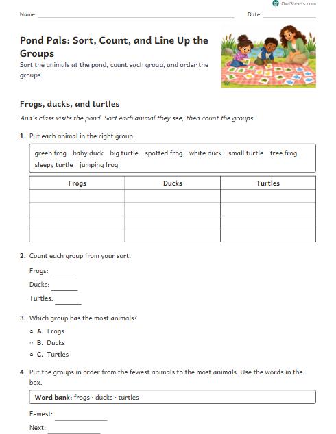 Pond Pals: Sort, Count, and Line Up the Groups worksheet preview