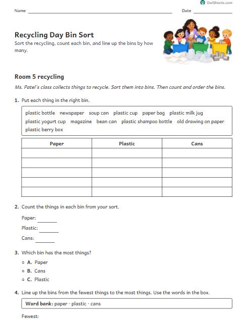 Recycling Day Bin Sort worksheet preview