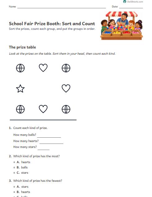 School Fair Prize Booth: Sort and Count worksheet preview