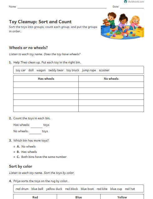Toy Cleanup: Sort and Count worksheet preview
