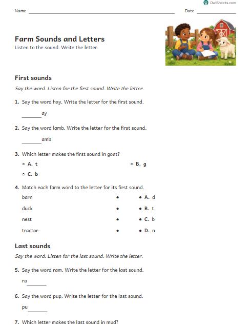 Farm Sounds and Letters worksheet preview