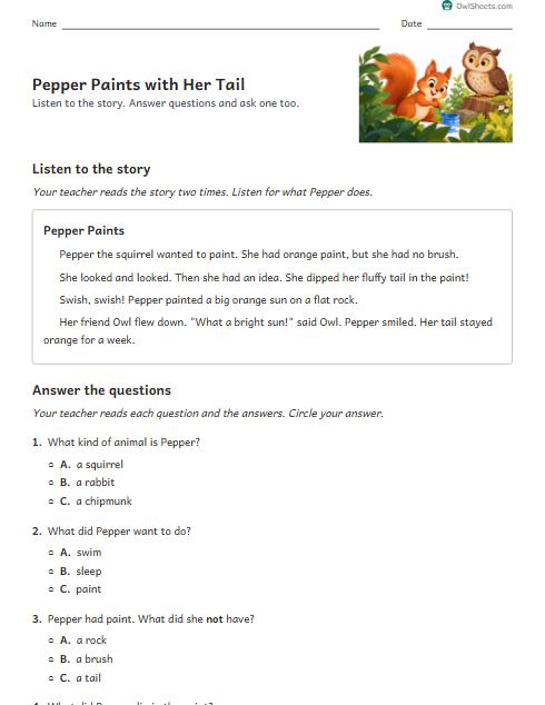 Pepper Paints with Her Tail worksheet preview