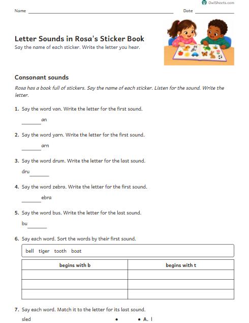 Letter Sounds in Rosa's Sticker Book worksheet preview