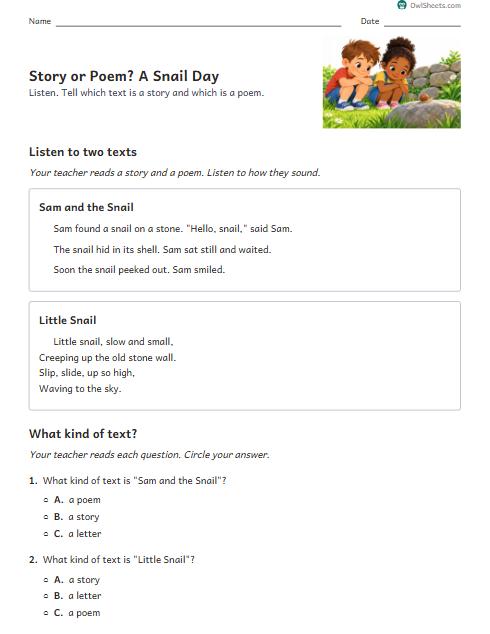 Story or Poem? A Snail Day worksheet preview