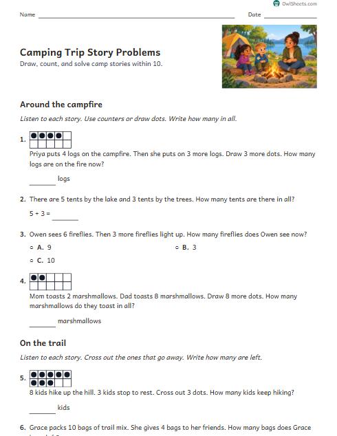 Camping Trip Story Problems worksheet preview