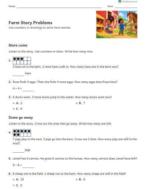 Farm Story Problems worksheet preview