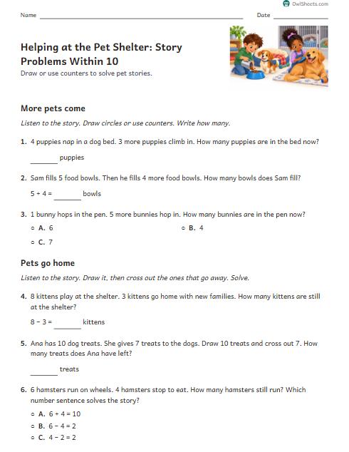 Helping at the Pet Shelter: Story Problems Within 10 worksheet preview