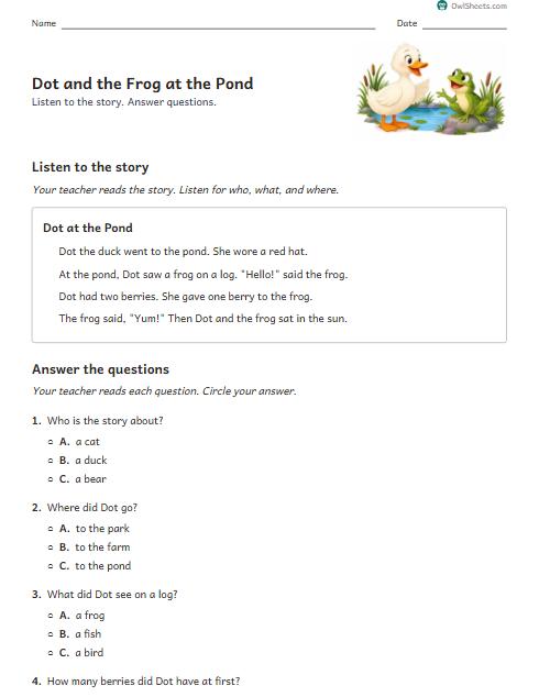 Dot and the Frog at the Pond worksheet preview