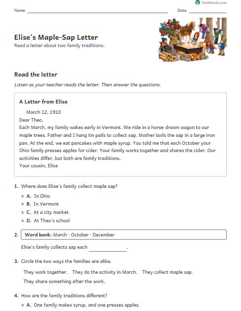 Elise's Maple-Sap Letter worksheet preview