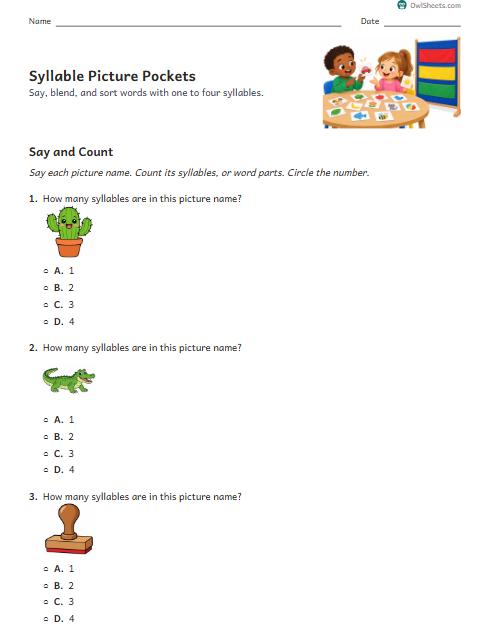 Syllable Picture Pockets worksheet preview