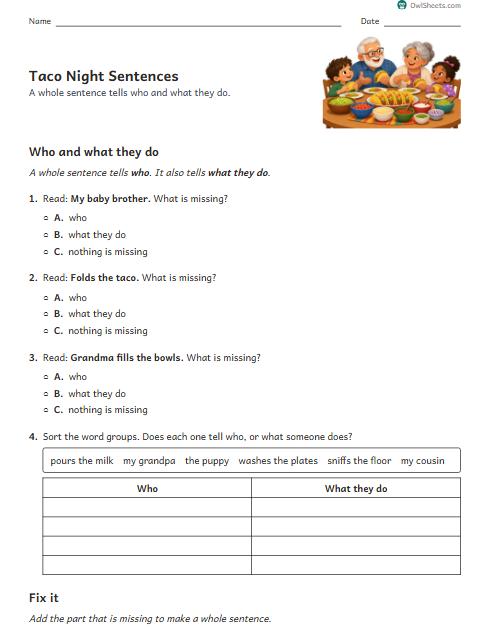 Taco Night Sentences worksheet preview