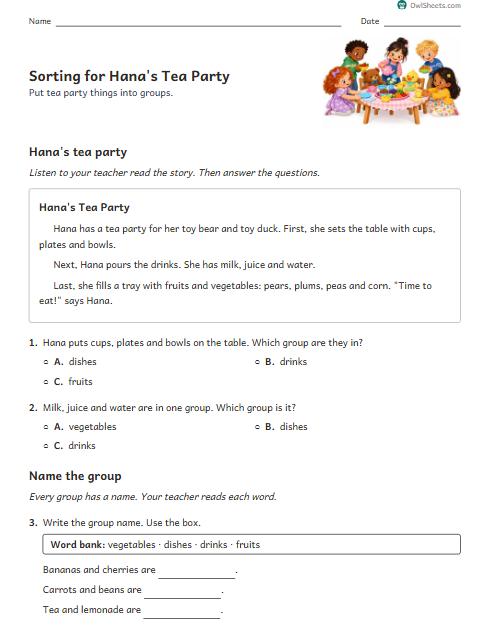 Sorting for Hana's Tea Party worksheet preview