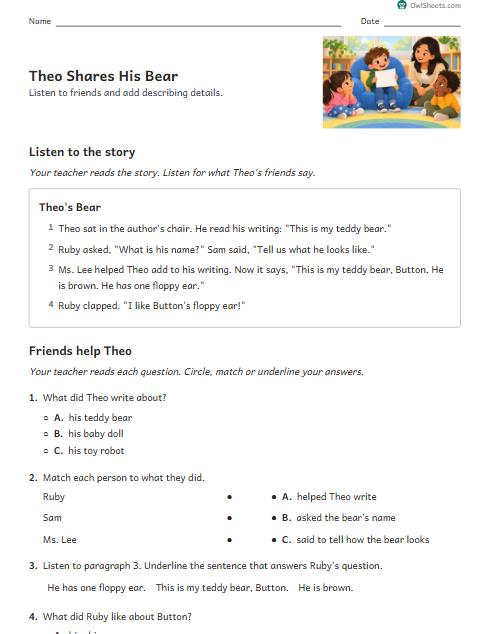 Theo Shares His Bear worksheet preview