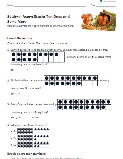 Squirrel Acorn Stash: Ten Ones and Some More worksheet preview