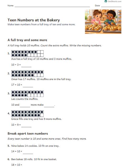 Teen Numbers at the Bakery worksheet preview