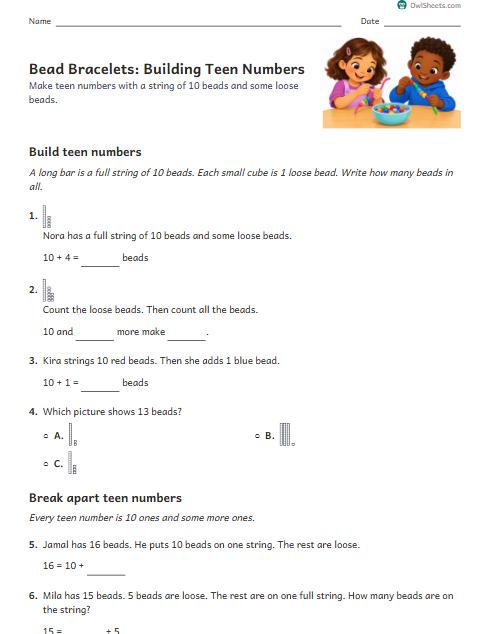 Bead Bracelets: Building Teen Numbers worksheet preview
