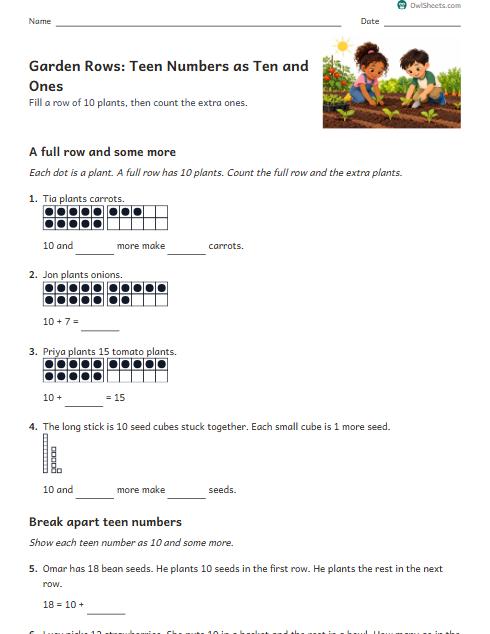 Garden Rows: Teen Numbers as Ten and Ones worksheet preview
