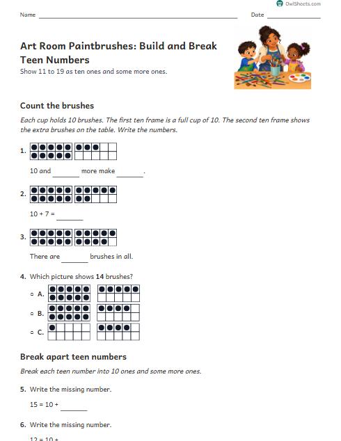 Art Room Paintbrushes: Build and Break Teen Numbers worksheet preview
