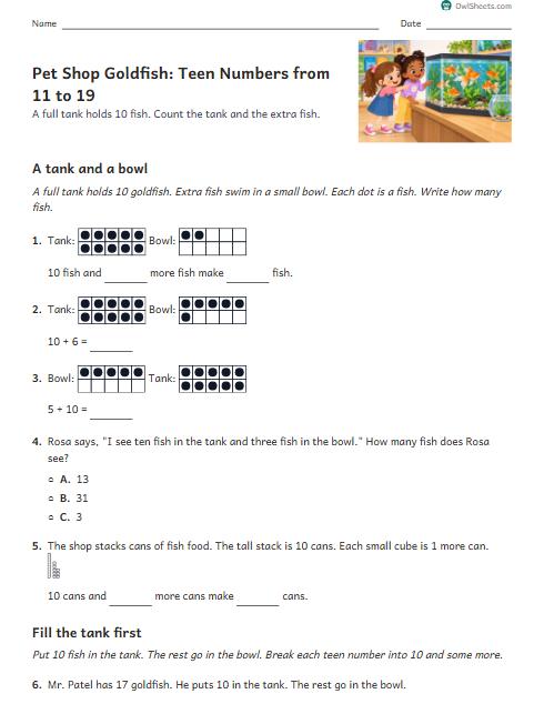 Pet Shop Goldfish: Teen Numbers from 11 to 19 worksheet preview