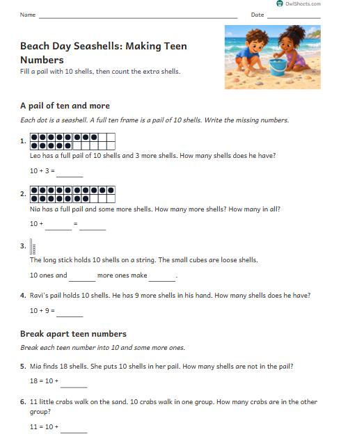 Beach Day Seashells: Making Teen Numbers worksheet preview