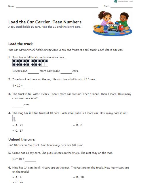 Load the Car Carrier: Teen Numbers worksheet preview