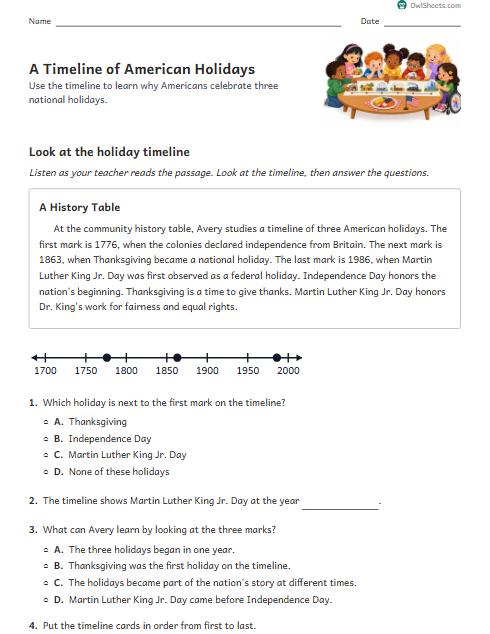 A Timeline of American Holidays worksheet preview