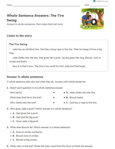 Whole-Sentence Answers: The Tire Swing worksheet preview