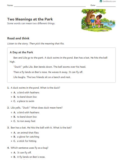 Two Meanings at the Park worksheet preview