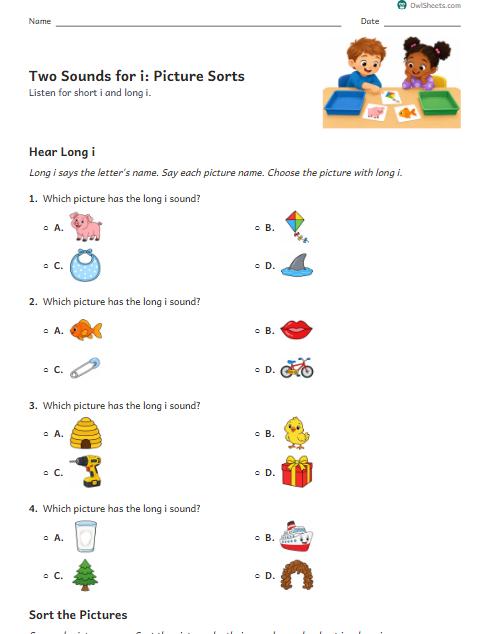Two Sounds for i: Picture Sorts worksheet preview