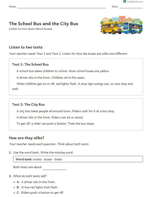 The School Bus and the City Bus worksheet preview
