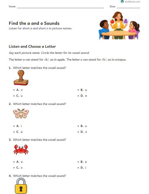 Find the a and o Sounds worksheet preview