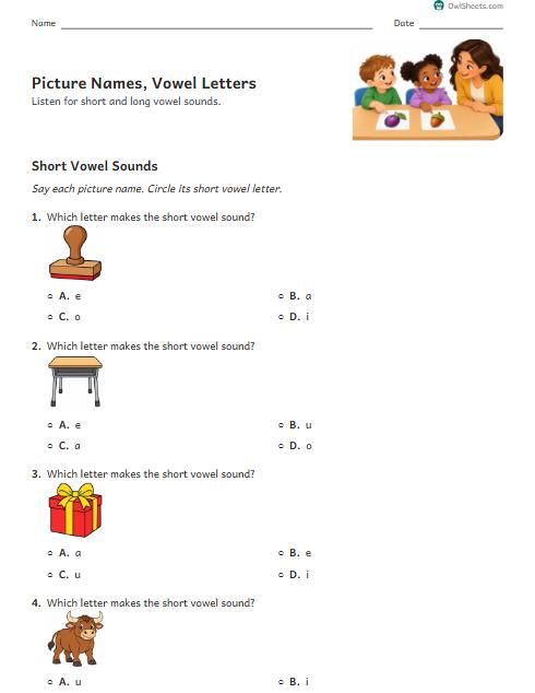 Picture Names, Vowel Letters worksheet preview