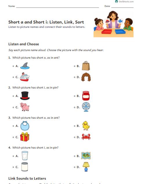 Short a and Short i: Listen, Link, Sort worksheet preview