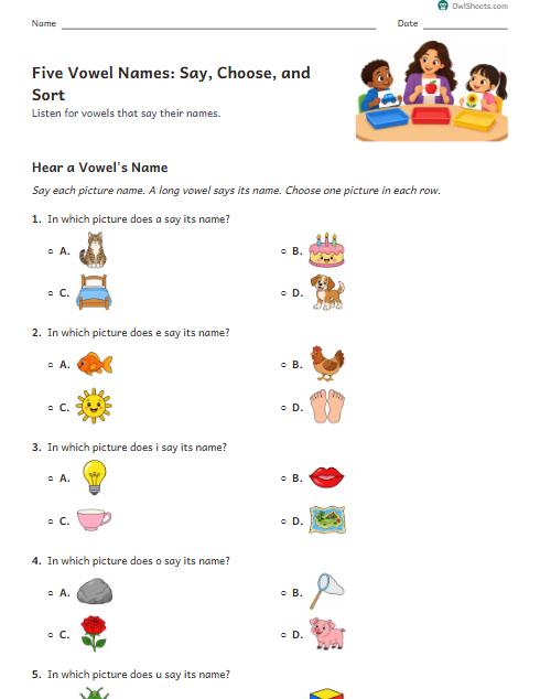 Five Vowel Names: Say, Choose, and Sort worksheet preview