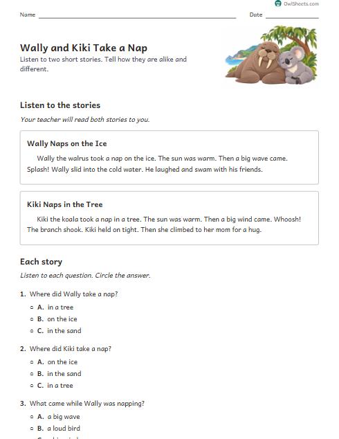 Wally and Kiki Take a Nap worksheet preview