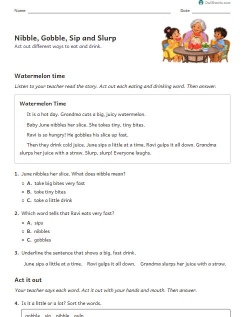 Nibble, Gobble, Sip and Slurp worksheet preview