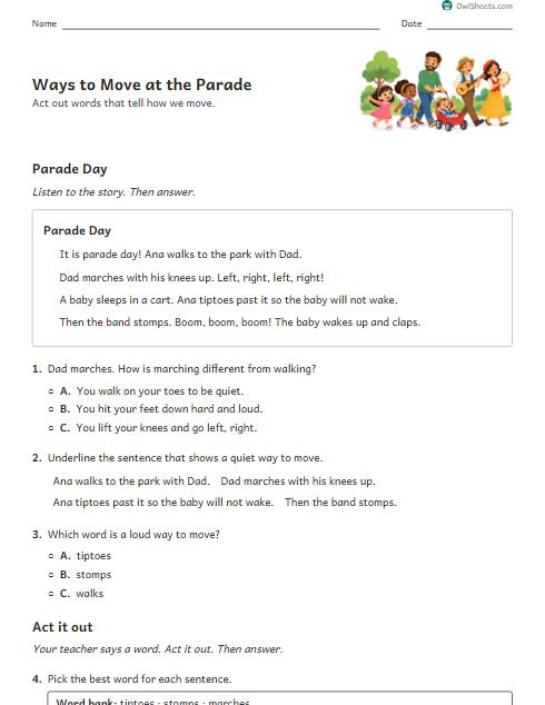 Ways to Move at the Parade worksheet preview