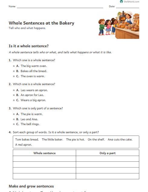 Whole Sentences at the Bakery worksheet preview