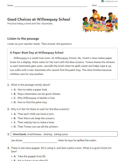 Good Choices at Willowquay School worksheet preview